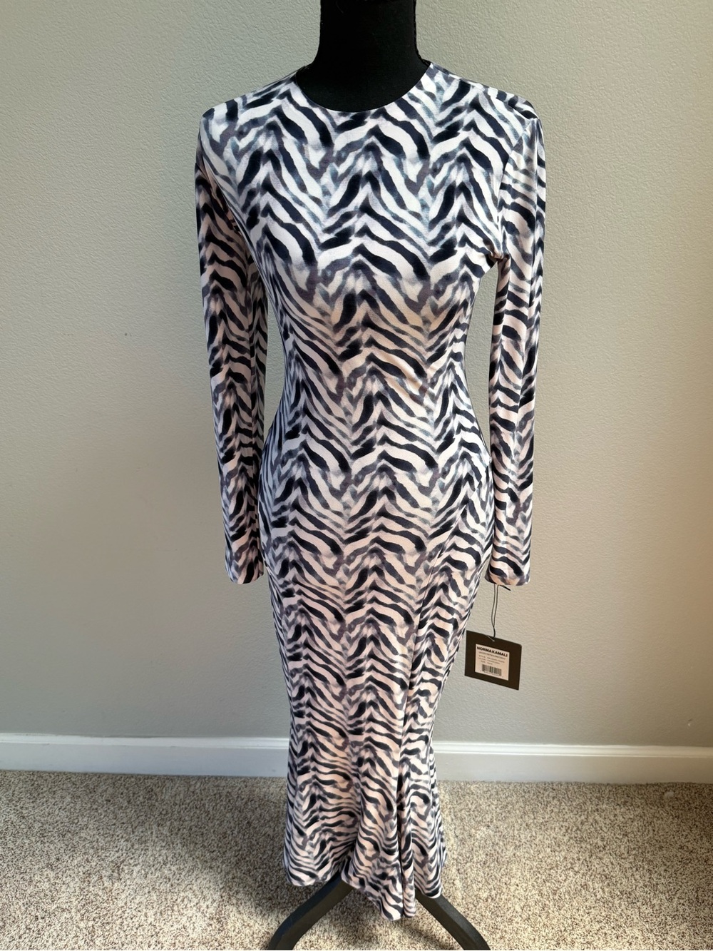 Norma Kamali Black and White Long-Sleeve Zebra Print Maxi Dress